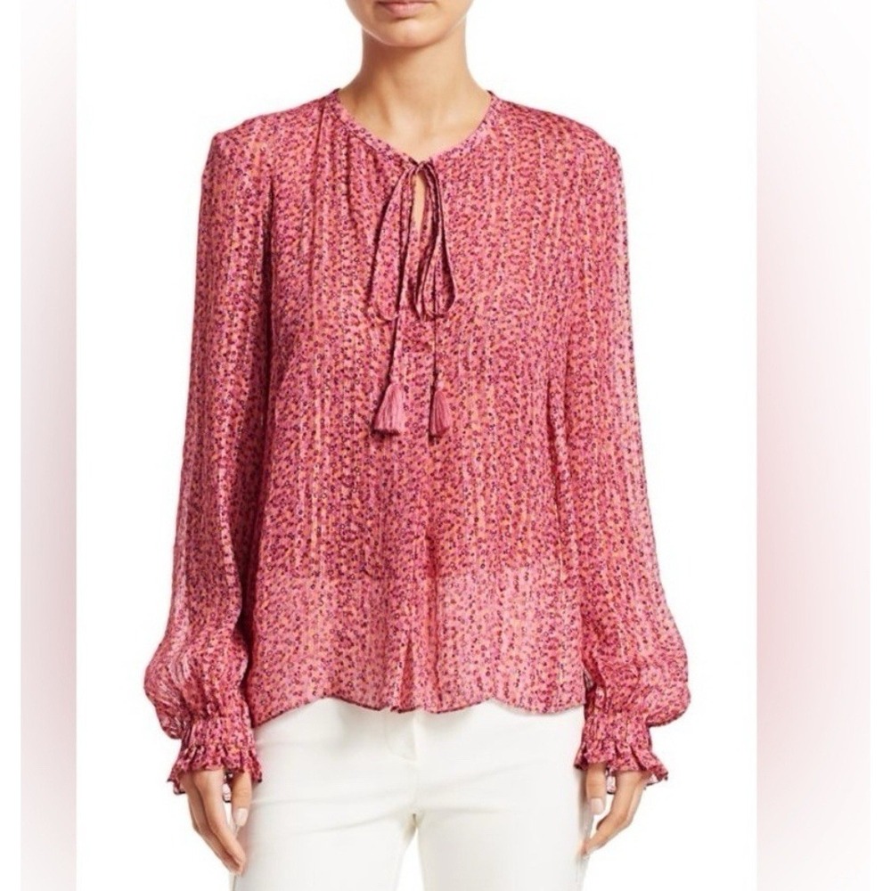 DEREK LAM 10 CROSBY Women's Pink Floral Metallic Long Sleeve Blouse Size 0 $325